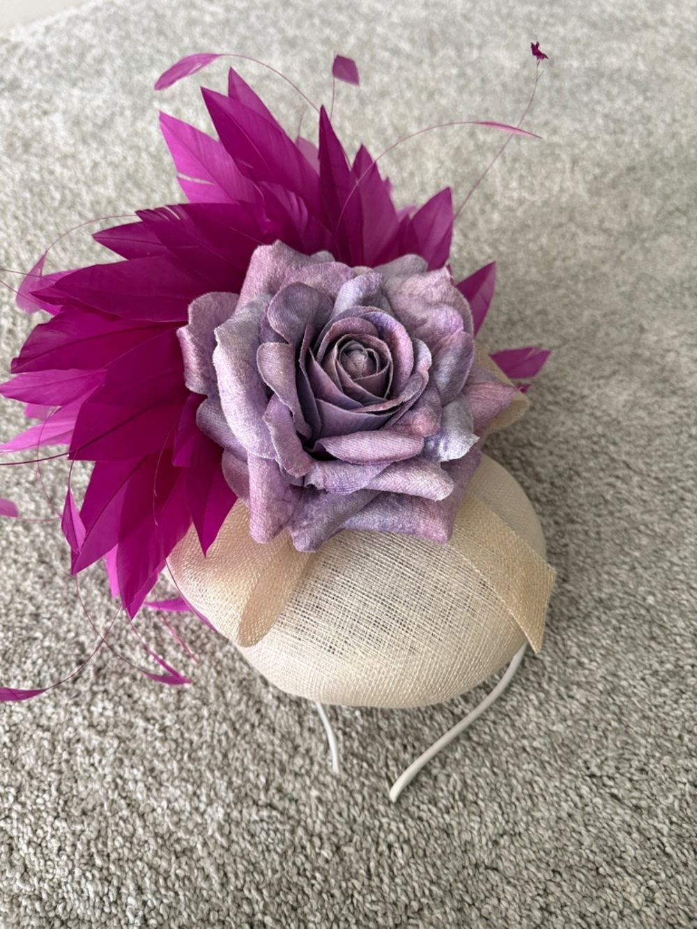 Fuchsia Feather and Lavender Rose Fascinator on Neutral Base
